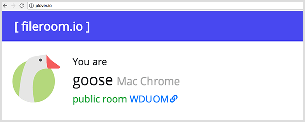 Kulík ukazuje zvíře, které vás zastupuje. Tento příklad ukazuje ikonu husy a text You Are Goose, Mac Chrome a Public Room.