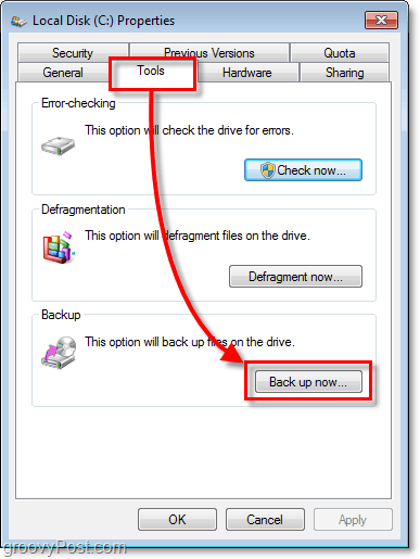 Zálohování Windows 7 - karta Nástroje na vlastnostech a tlačítko Zálohovat nyní