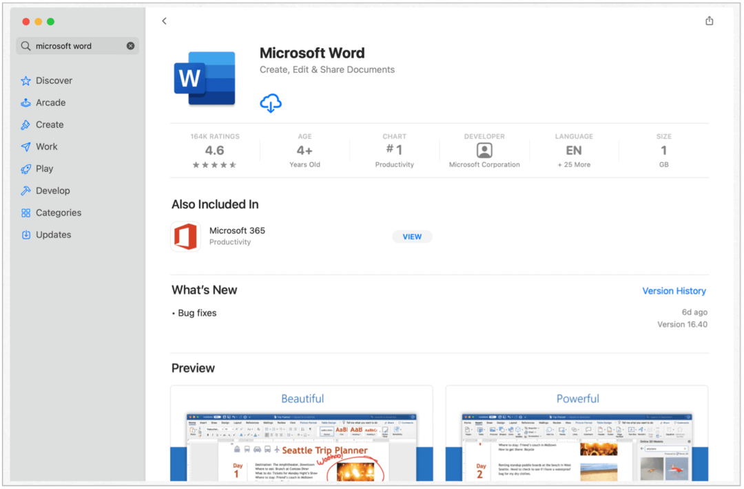 Microsoft Word v Mac App Store