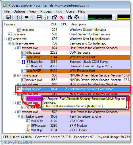 msmpeng.exe v Průzkumníku procesu Windows 7