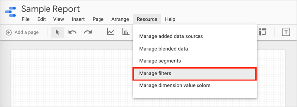 Chcete-li filtrovat data a vytvořit skupiny, které můžete použít, klikněte na panelu nabídek na Zdroj a v rozevírací nabídce vyberte možnost Spravovat filtry.