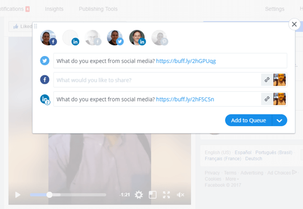 Nástroje, jako je Buffer, vám mohou pomoci sdílet živé video z Facebooku na různých platformách sociálních médií.