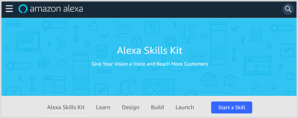 Webová stránka Amazon Alexa Skills Kit představuje tento nástroj a obsahuje karty, kde se můžete naučit, navrhnout, vytvořit a spustit dovednosti pro Alexa. 