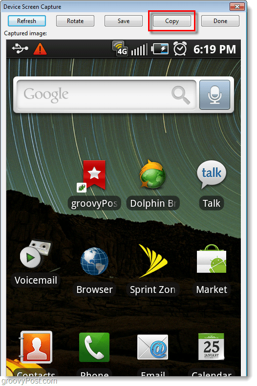 Snímek obrazovky Android pořízený v počítači