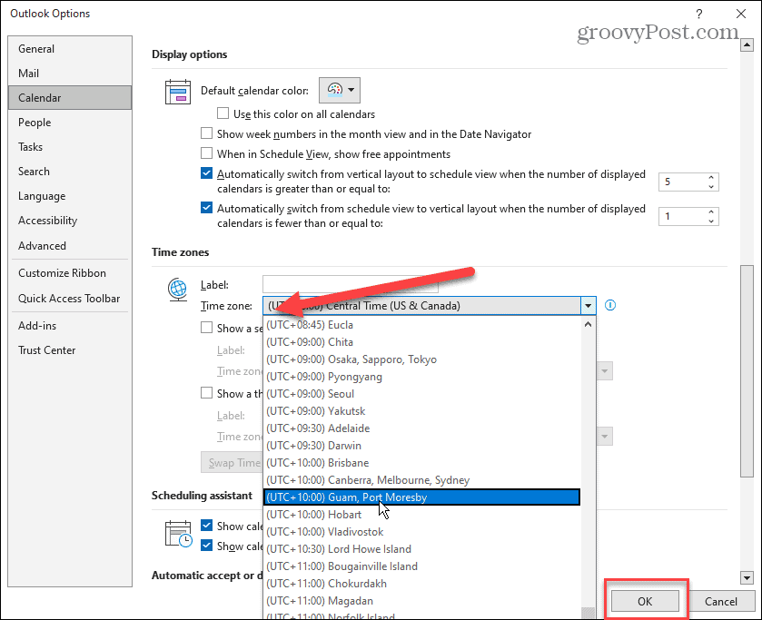 Změňte časové pásmo v aplikaci Microsoft Outlook