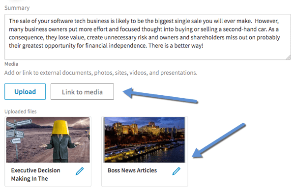 Kliknutím na Odkaz na média přidáte video do sekcí Souhrn, Zkušenosti a Vzdělávání ve vašem profilu LinkedIn.