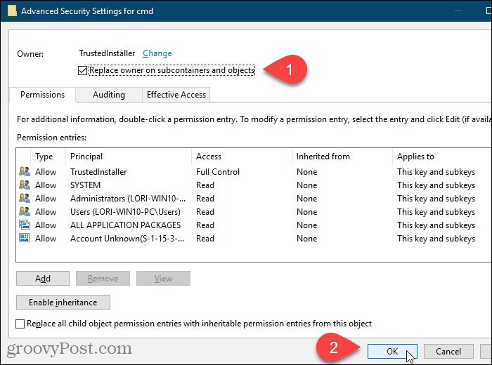 Zaškrtněte políčko Nahradit vlastníka na subkontejnerech a objektech v dialogovém okně Upřesnit nastavení zabezpečení v Editoru registru systému Windows