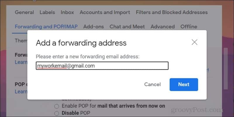 screenshot přidání e-mailu pro přesměrování