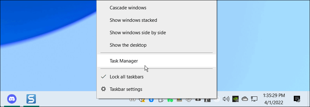 otevřete správce úloh z hlavního panelu Windows 10