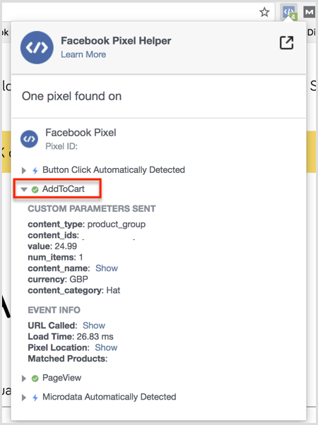 Výsledky pluginu Facebook Pixel Helper na stránce Přidat do košíku