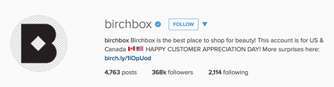 birchbox instagramový profil bio