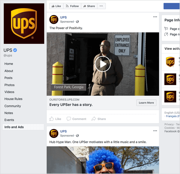 Pokud se podíváte na reklamy na Facebooku od společnosti UPS, je jasné, že k budování povědomí o značce používají vyprávění a emoční přitažlivost.