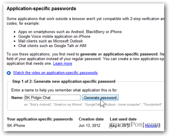 google jednorázová hesla - klikněte na vygenerovat heslo