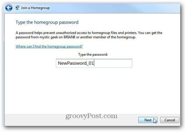 Zadejte heslo domovské skupiny