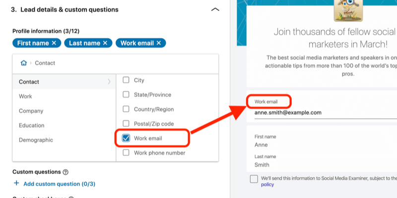 snímek obrazovky pole Work Email vybraný pro formu lead gen v nastavení reklamy LinkedIn