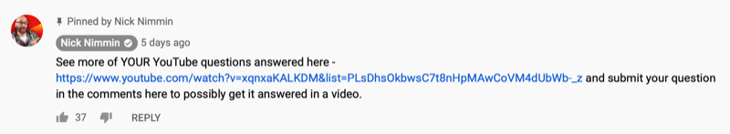 připnutý komentář na videu na YouTube od Nicka Nimmina, který sdílí další video na YouTube, které by jeho publikum mohlo zajímat