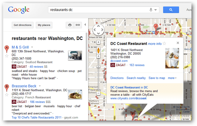 Společnost Google integrovala do výsledků vyhledávání v Mapách Google integrované recenze Zagat a Google+
