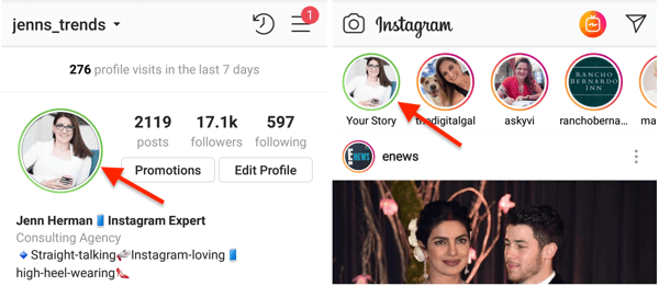 Indikátor zeleného kruhu pro váš profilový obrázek Instagramu, když sdílíte příběh do svého seznamu Zavřít přátele.
