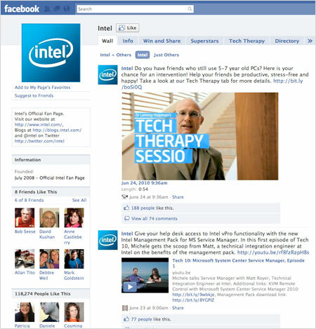 Stránka společnosti Intel na Facebooku