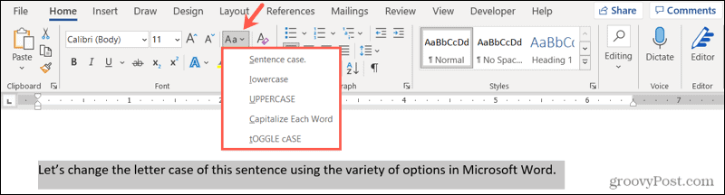 Změňte velikost písmen ve Wordu ve Windows