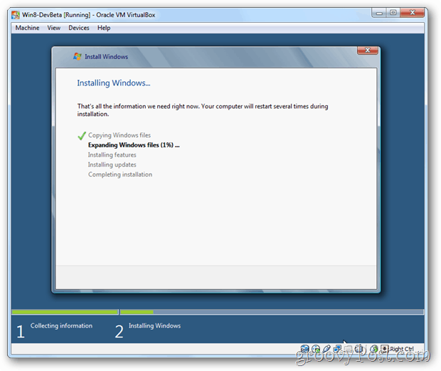 Obrazovka instalace Windows VirtualBox Windows 8