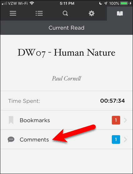Klepněte na Komentáře v BookFusion pro iOS