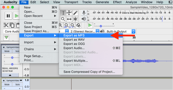 Zvolte Soubor> Exportovat> Exportovat jako MP3 a stáhněte zvukový soubor z Audacity.