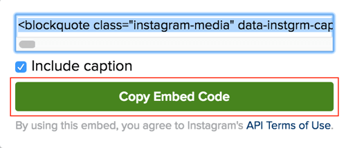 Kliknutím na zelené tlačítko zkopírujte kód pro vložení příspěvku Instagramu.