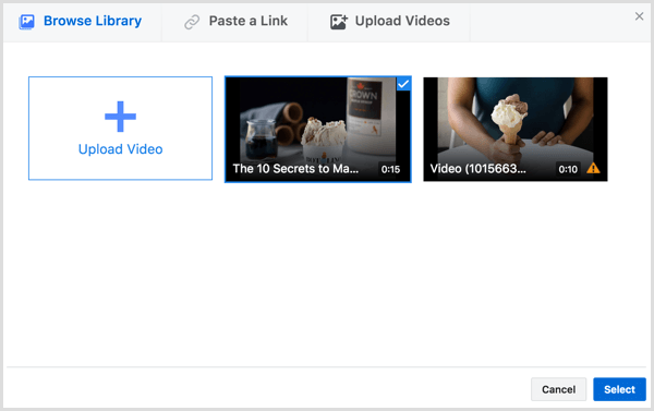 Facebook vytváří videoreklamu vyberte video