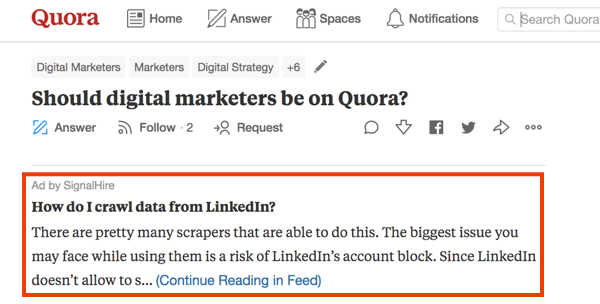 Příklad marketingu na Quora s placenou reklamou.