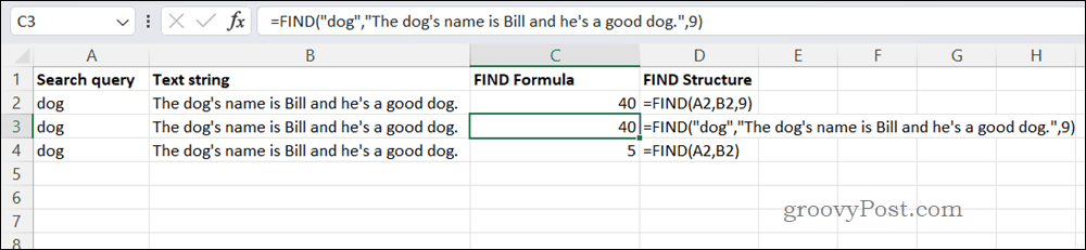 Příklad FIND vzorce v Excelu