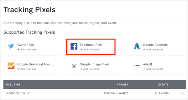 V Eventbrite klikněte na Facebook Pixel a zadejte ID pixelu a další podrobnosti.