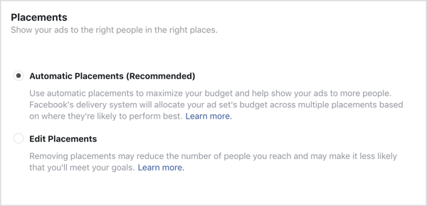 Pro kampaň na Facebooku je vybrána možnost Automatická umístění
