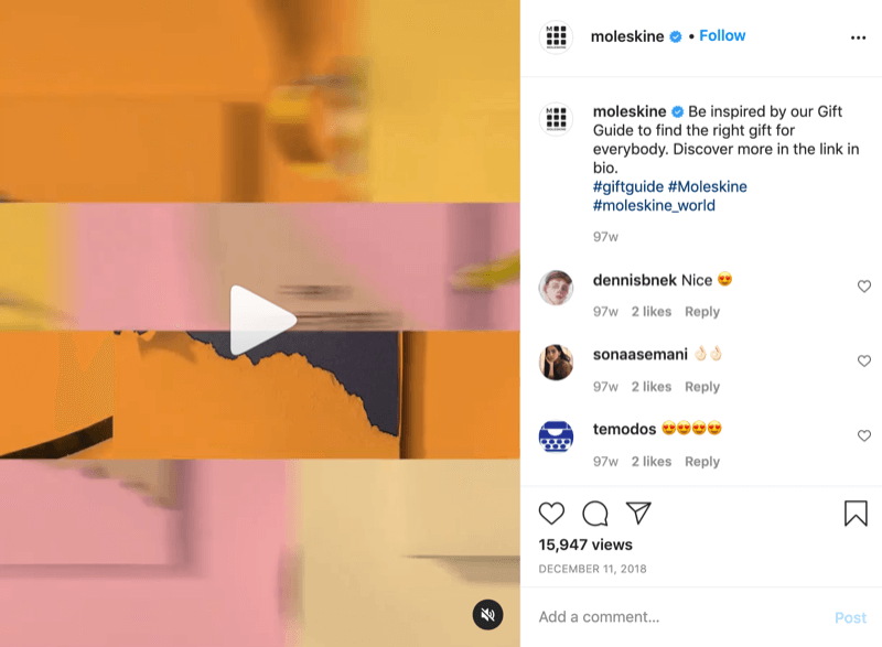 příklad příspěvku na Instagram s nápadem na dárek od @moleskine s výzvou k akci, který diváky nasměruje na odkaz v životopise