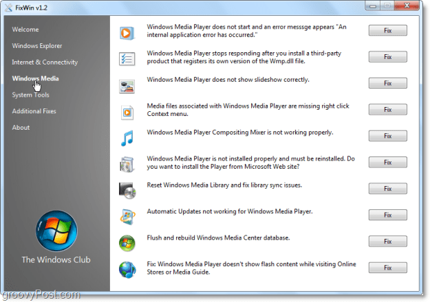 FixWin Windows Meda opravuje snímek obrazovky