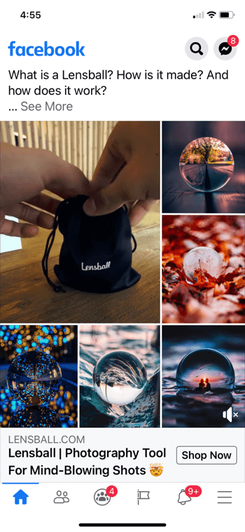 příklad facebookové reklamní koláže pro lensball, zobrazující produkt v malé černé tašce se šňůrkou spolu s 5 ukázkovými záběry produktu použitého na obrázcích