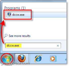 spusťte dccw z nabídky Start v systému Windows 7