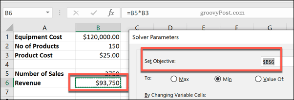 Buňka Set Objective v Solveru pro Excel