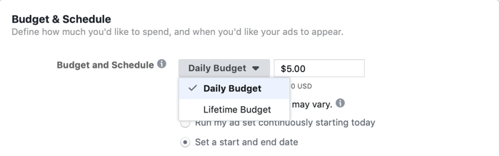 výběr doživotního rozpočtu na úrovni sady reklam pro kampaň na Facebooku v den bleskového prodeje