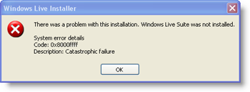 Kód chyby systému Windows Live Installer: 0x8000ffff - Katastrofické selhání