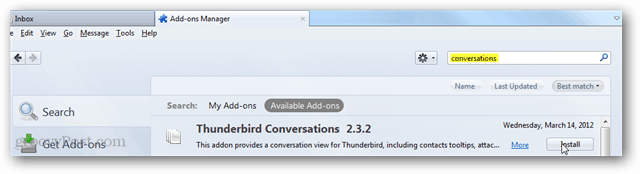thunderbird konverzace - instalace doplňku prostřednictvím vyhledávací stránky