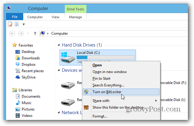 Klikněte pravým tlačítkem myši na Bitlocker
