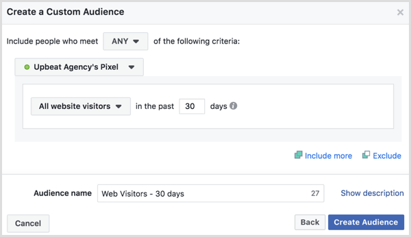 Vyberte možnosti, jak vytvořit vlastní publikum Facebooku pro všechny návštěvníky webových stránek za posledních 30 dní