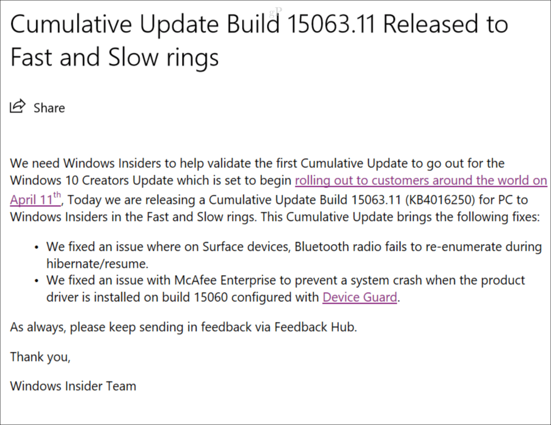 Byla vydána první kumulativní aktualizace pro tvůrce systému Windows 10