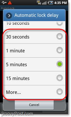 vyberte čas uzamčení vzoru Android