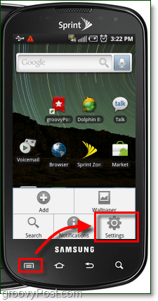 spusťte aplikaci nastavení z tlačítka nabídky na Androidu