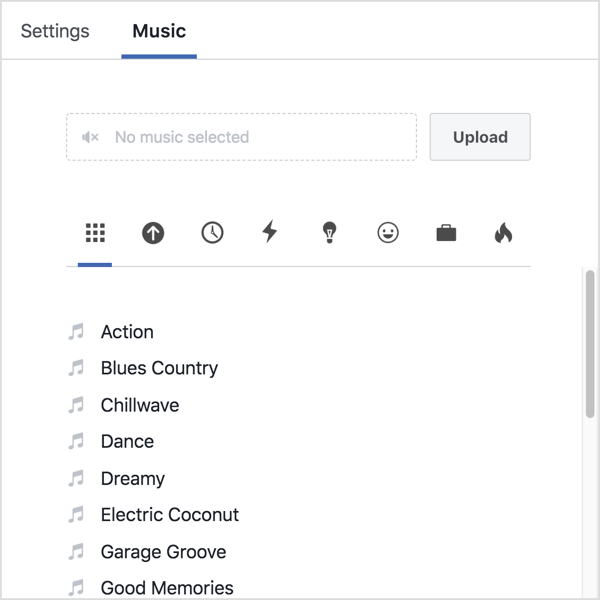 Klikněte na kartu Hudba a buď nahrajte vlastní zvuk, nebo vyberte skladbu z knihovny Facebooku.