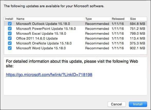 Microsoft Office 2016 pro Mac: lednová aktualizace KB3133711