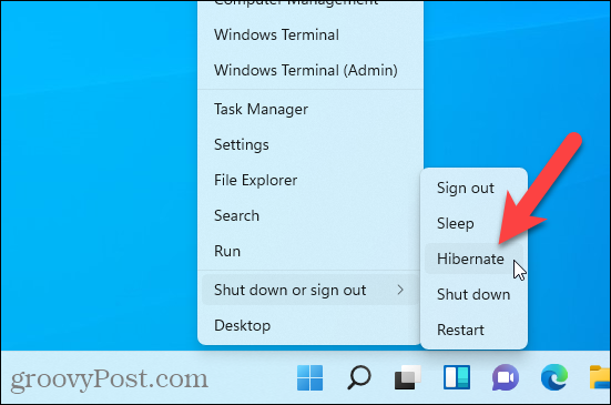 Možnost hibernace dostupná v nabídce Windows + X v systému Windows 11