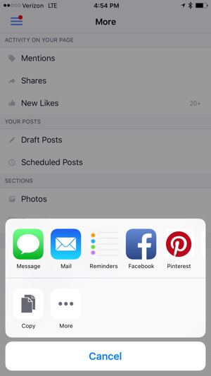 uložit nebo sdílet odkaz na zasílání facebookových zpráv z aplikace facebookových stránek